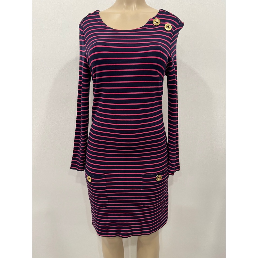 Sail to Sable Ponte Dress Womens XS Navy Pink Striped Nautical Gold Buttons